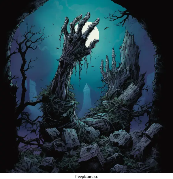 Creepy Zombie Hands Reach Out from the Grave at Night