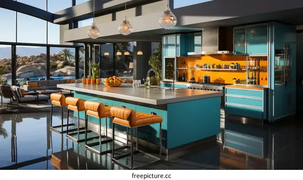 Stylish Kitchen Interior with Blue Cabinets and Orange Accents