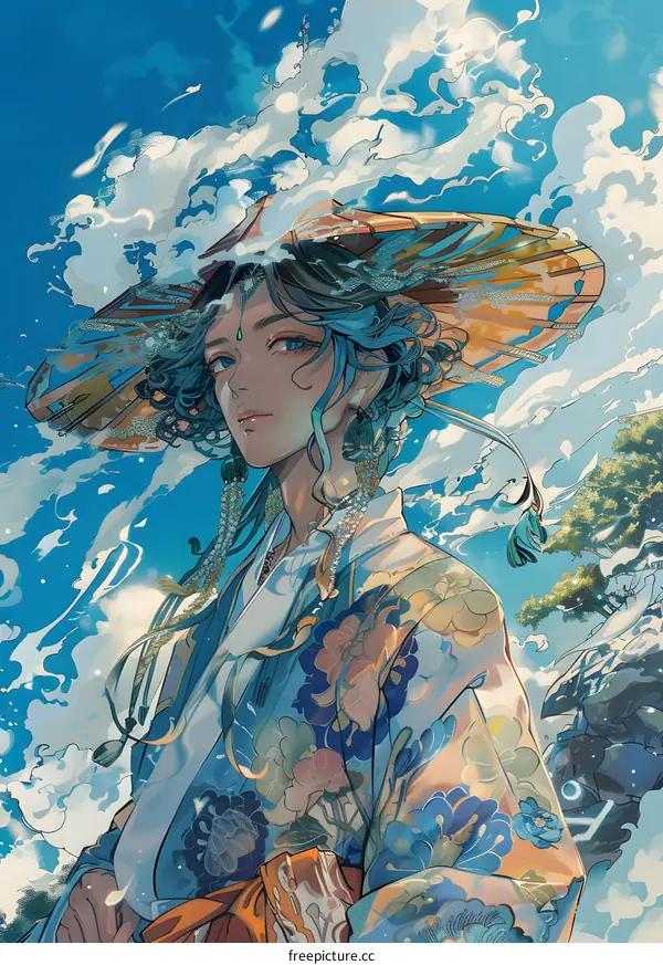 An illustration of a person wearing a kimono with a floral pattern and a large hat standing in a field of flowers.