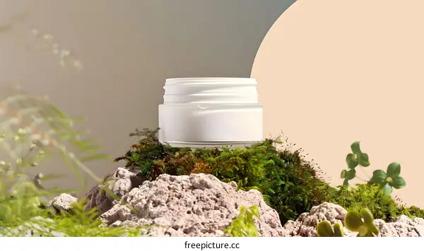 White Cream Jar on Moss Covered Rocks
