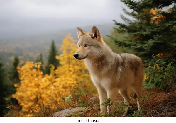 Majestic Wolf in Autumnal Forest Landscape