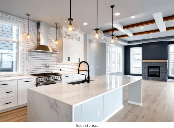 Modern Kitchen with Marble Countertop and White Subway Tile Backsplash