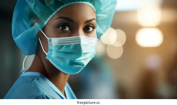 Portrait of a young female doctor wearing a surgical mask and cap