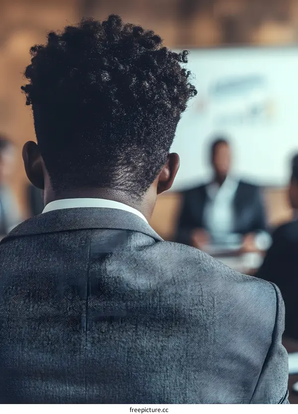 Back View of a Man in a Suit Listening to a Presentation