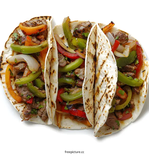 Three tacos with steak, bell peppers and onions