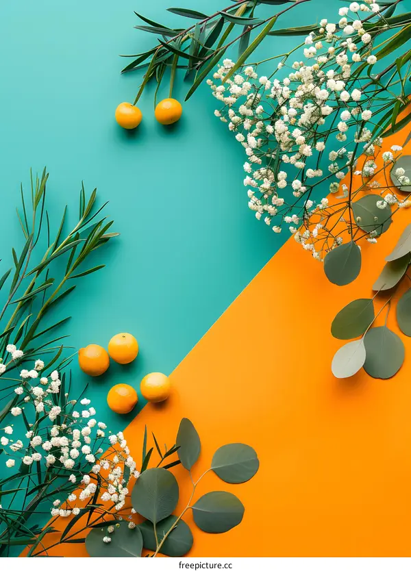 Minimalist Flat Lay with Green Leaves, White Flowers and Oranges on Teal and Orange Background