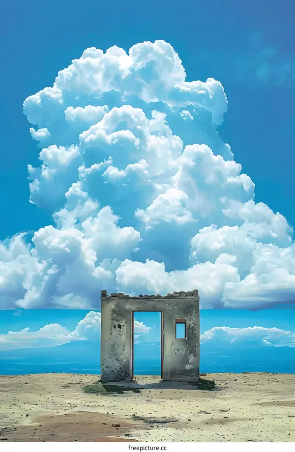 Open Doorway Through a Ruined Wall with Clouds in the Background