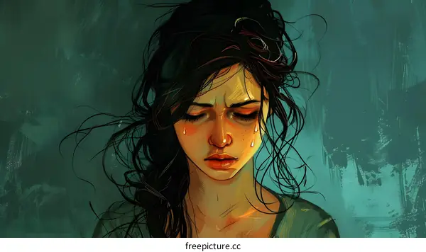 A digital painting of a crying woman with long dark hair. She is wearing a green shirt and has her eyes closed.