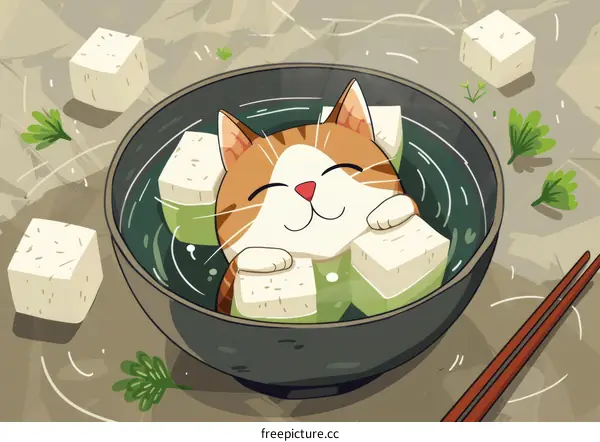A cute cat is taking a bath in a bowl of miso soup with tofu.