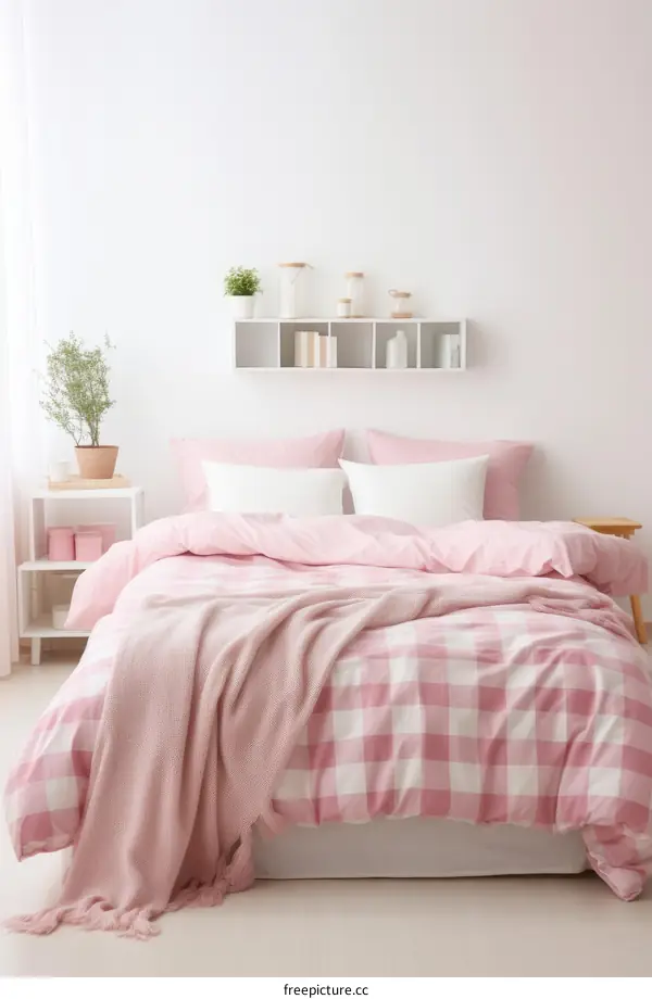 A cozy pink and white gingham bedroom