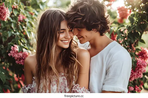 Couple in Love in a Flower Garden