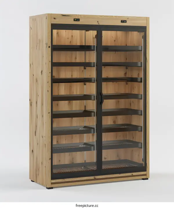 Wooden Display Cabinet With Glass Doors And Shelves