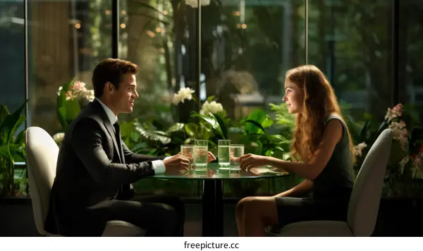 A man and a woman are sitting at a table in a restaurant.