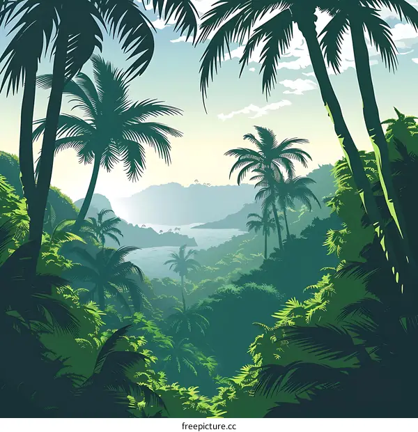 Tropical Jungle Landscape with Palm Trees