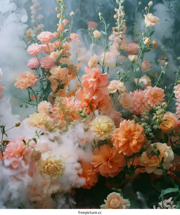 Close-up of Orange and Pink Flower Bouquet with Smoky Background