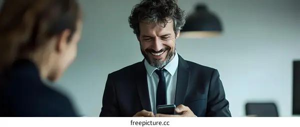 Smiling Businessman Looking at Smartphone