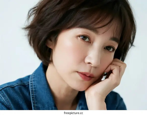 Portrait of a woman with short brown hair wearing a denim jacket