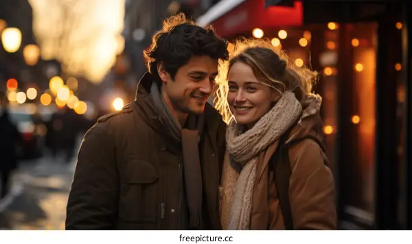 A young couple is smiling and walking down a busy street in the evening.