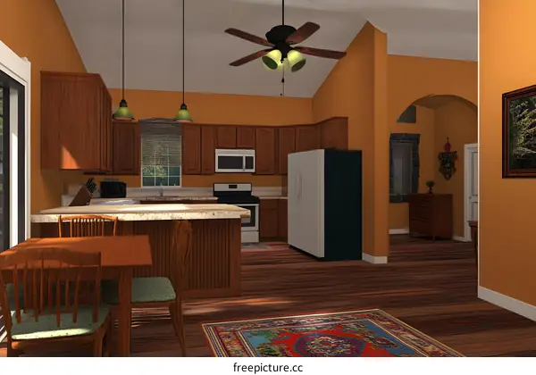 Modern Kitchen Interior Design with Wooden Cabinets and a Ceiling Fan