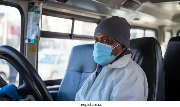 Bus driver wearing a mask and gloves