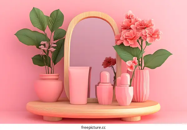 Pink Minimalist Aesthetic Background with Flowers and Bottles