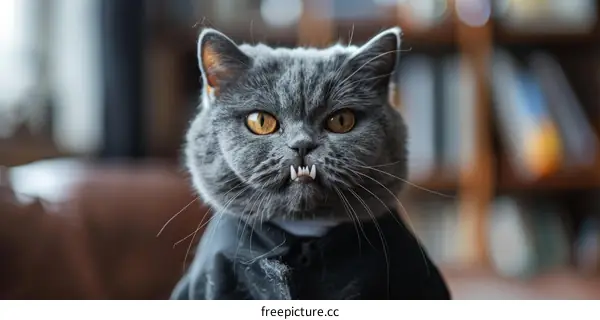 British shorthair cat with sharp teeth and black suit
