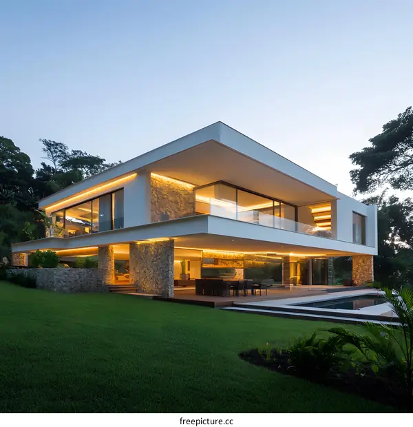 Modern Architecture House with Swimming Pool at Dusk