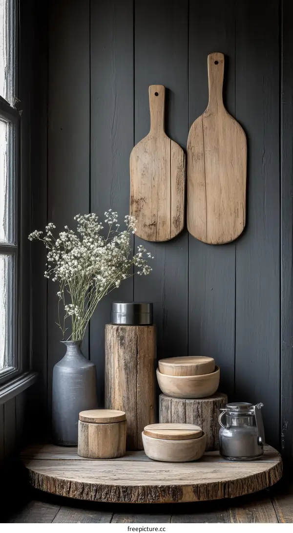 Rustic Wooden Cutting Boards and Kitchenware Display