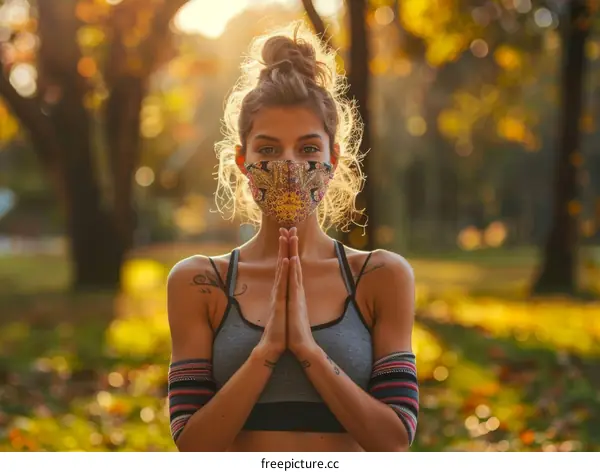 Young woman in sportswear and face mask meditating in a park