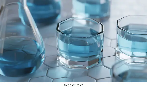 Blue Liquid Solutions in Glass Containers for Scientific Experiment