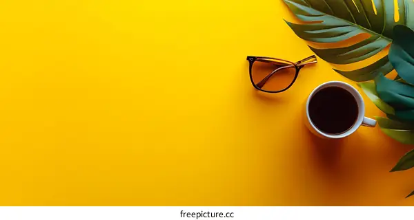 Summer Coffee and Sunglasses on Yellow Background