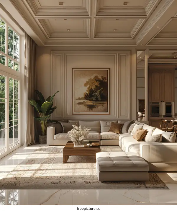 Modern Living Room Interior Design With Beige Sofa and Ottoman