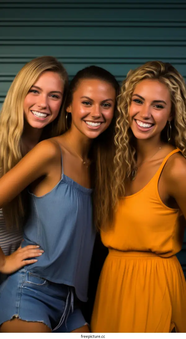 Three young women smiling and posing in front of a blue garage door