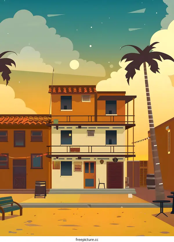 Sunset Tropical Town Buildings With Palm Trees