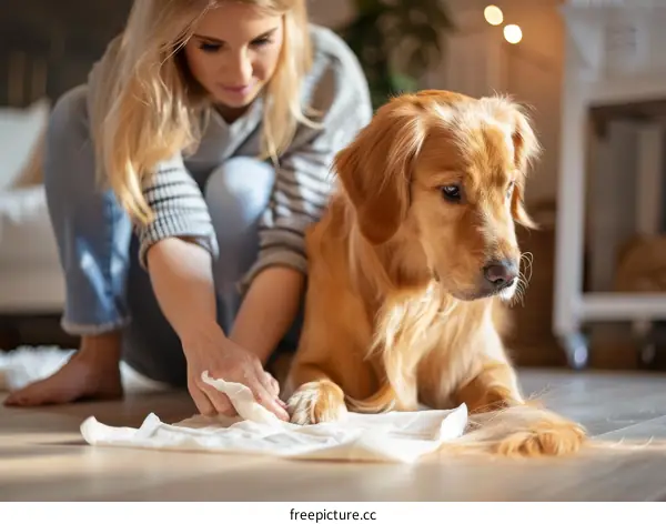 A woman is cleaning her golden retriever's paws with a wet wipe.