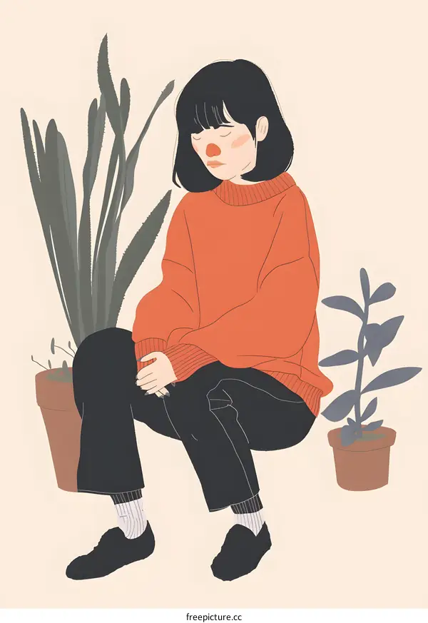 Woman in Orange Sweater Sitting with Plants