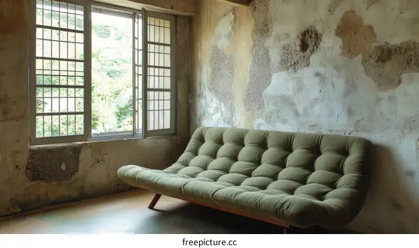 Vintage Olive Green Sofa in a Rustic Room