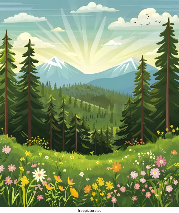Green Mountain Forest Landscape with Flowers