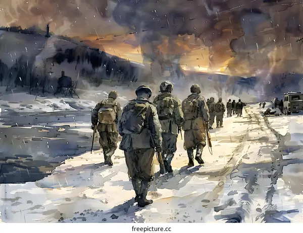 A group of soldiers walking through the snow during the Korean War