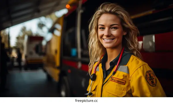 portrait of a smiling female firefighter in protective gear