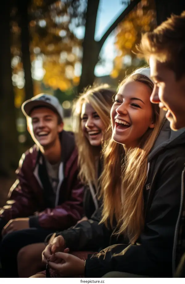 Four cheerful teenagers sitting on a bench in a park