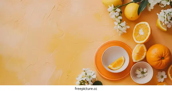 Orange Slices and Flowers on a Yellow Background