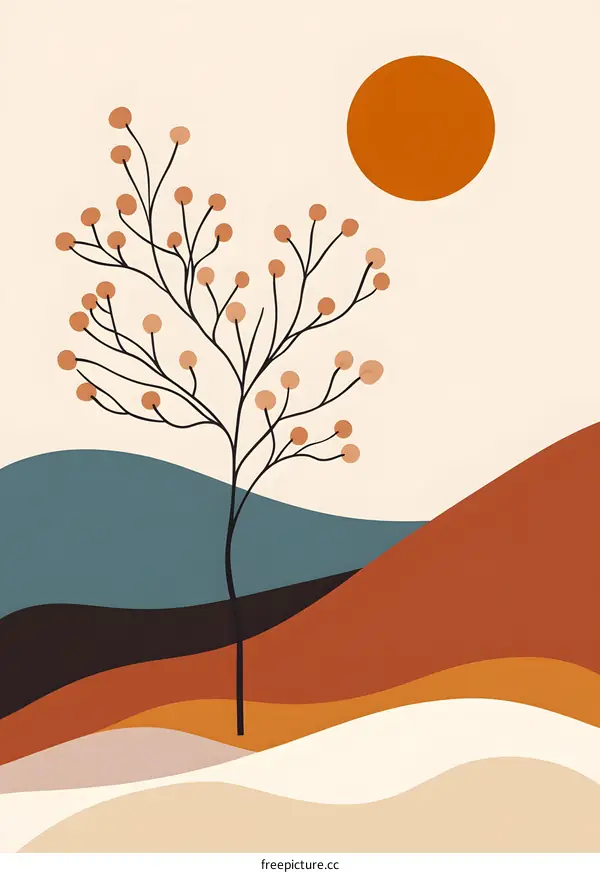 Abstract Minimalist Art Print with Tree and Sun