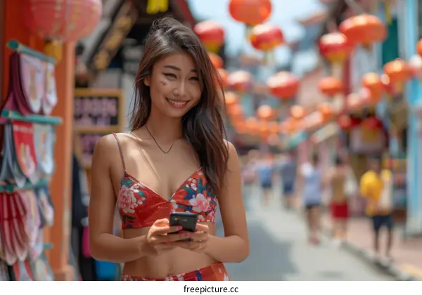 Asian Woman in a Street Scene with Red Lanterns