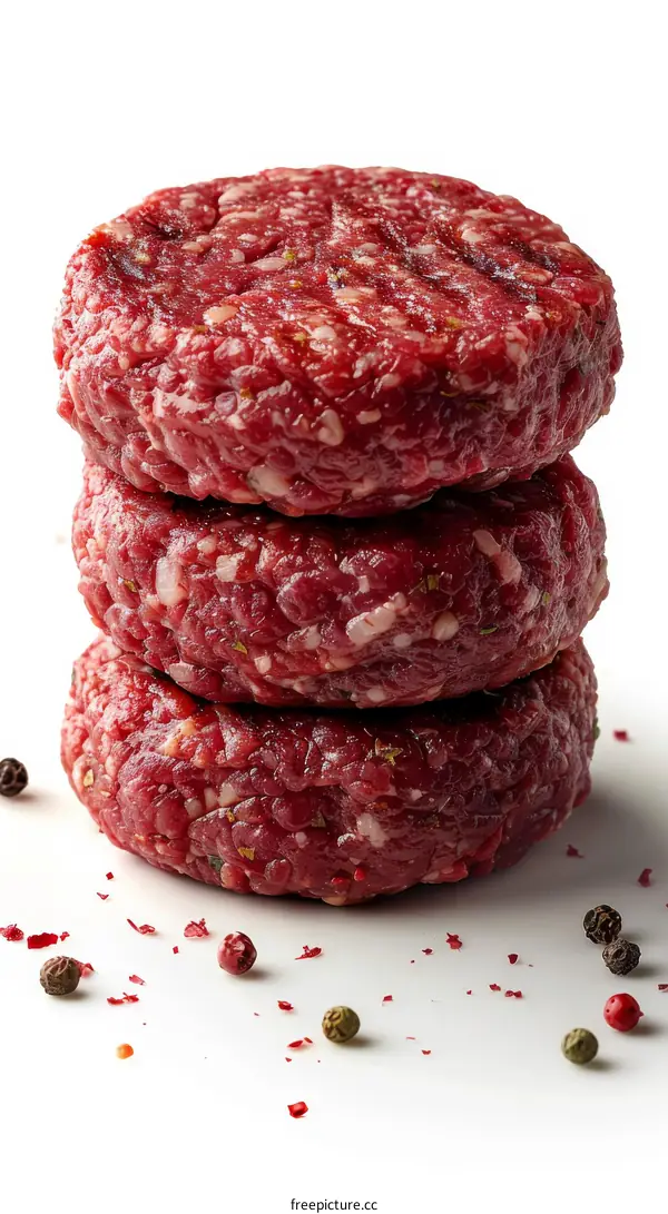 Three raw hamburger patties stacked vertically