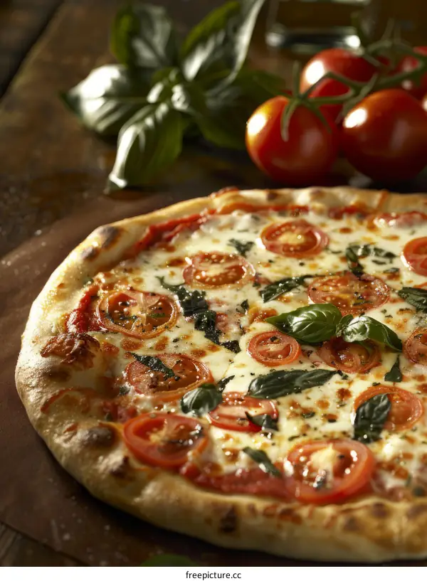 Pizza with fresh tomatoes, basil and melted cheese