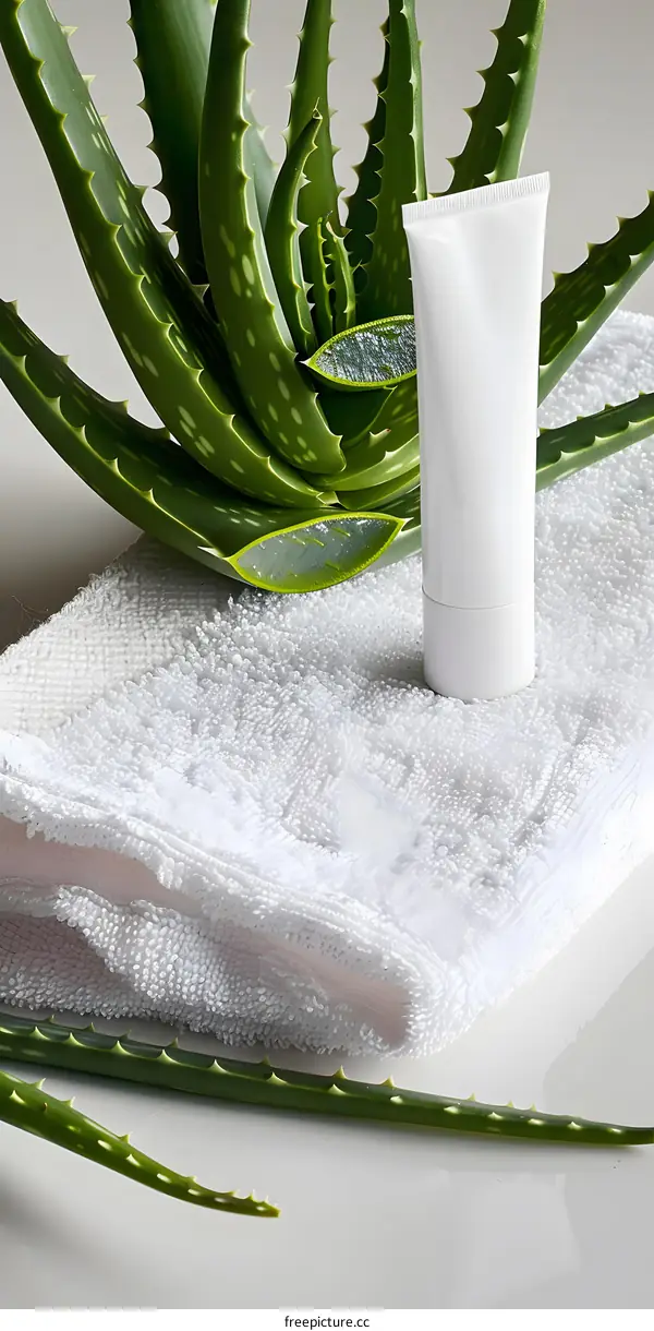 Aloe Vera Plant with White Tube Cream and Towel