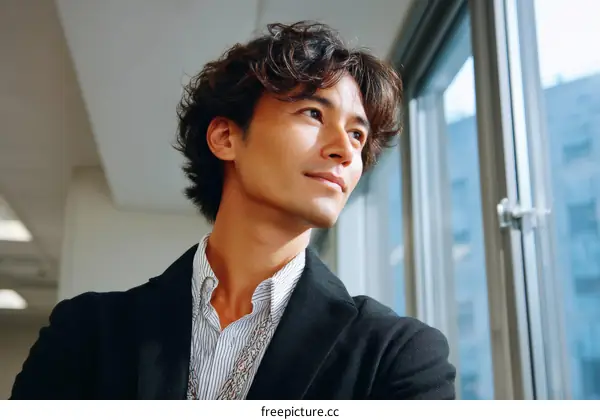 Thoughtful Asian Man Looking Out Window