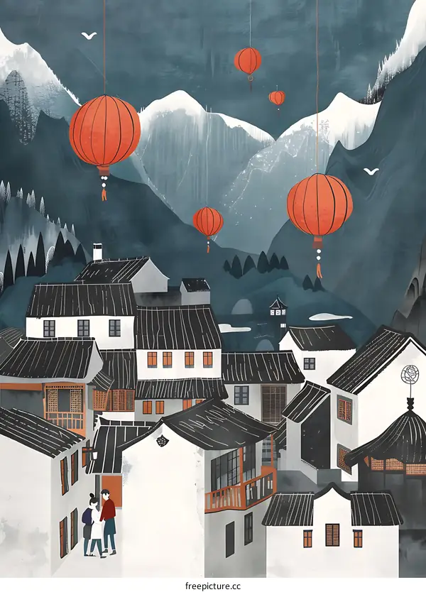 Chinese New Year Celebration with Red Lanterns in a Mountain Village
