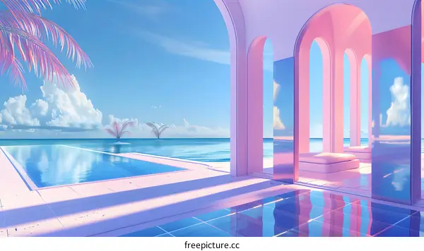 Pink Minimalist Architecture with Ocean and Palm Trees